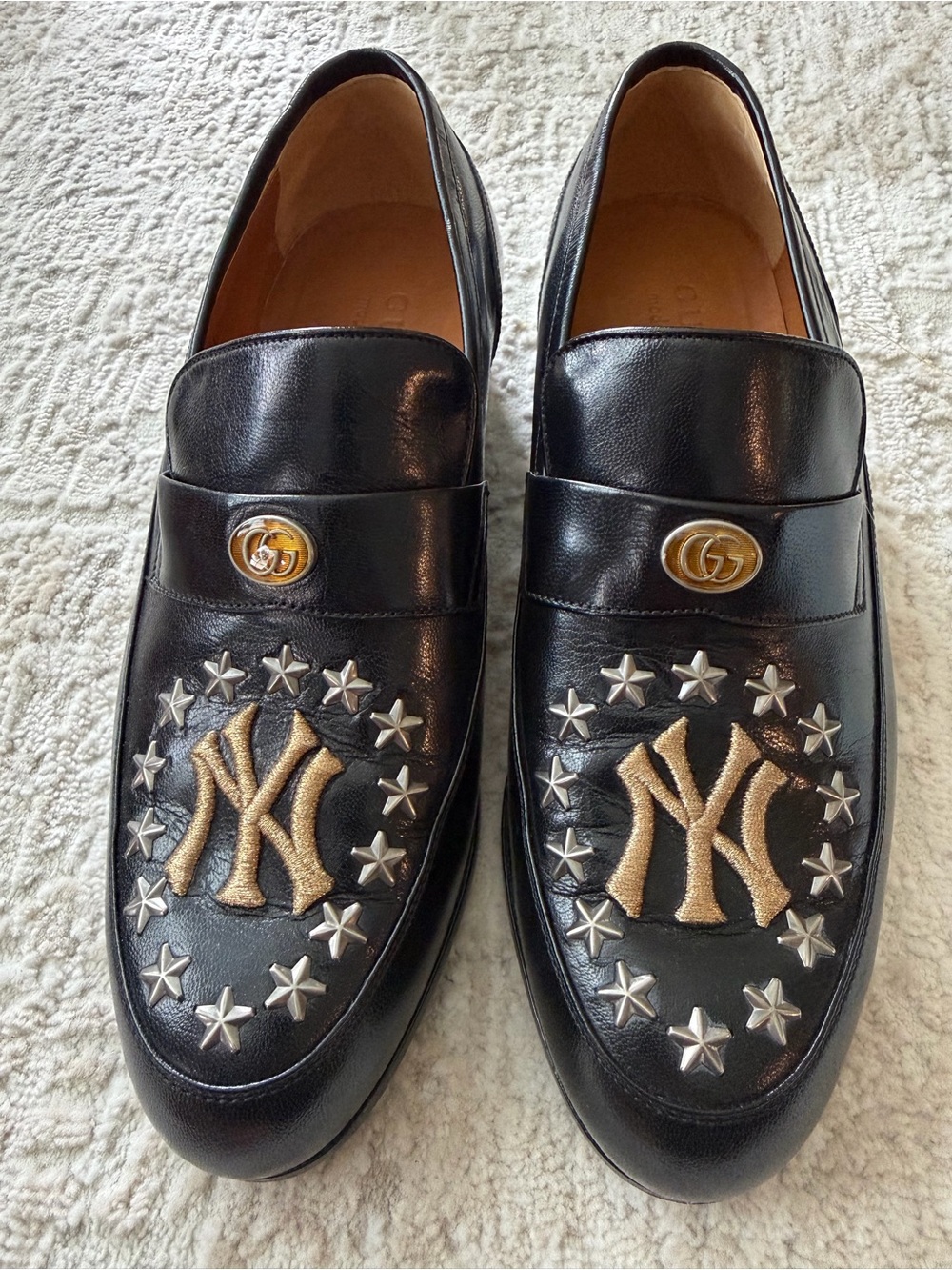 Gucci Men’s Black Leather Embroidered Loafers with Gold NY Detail
